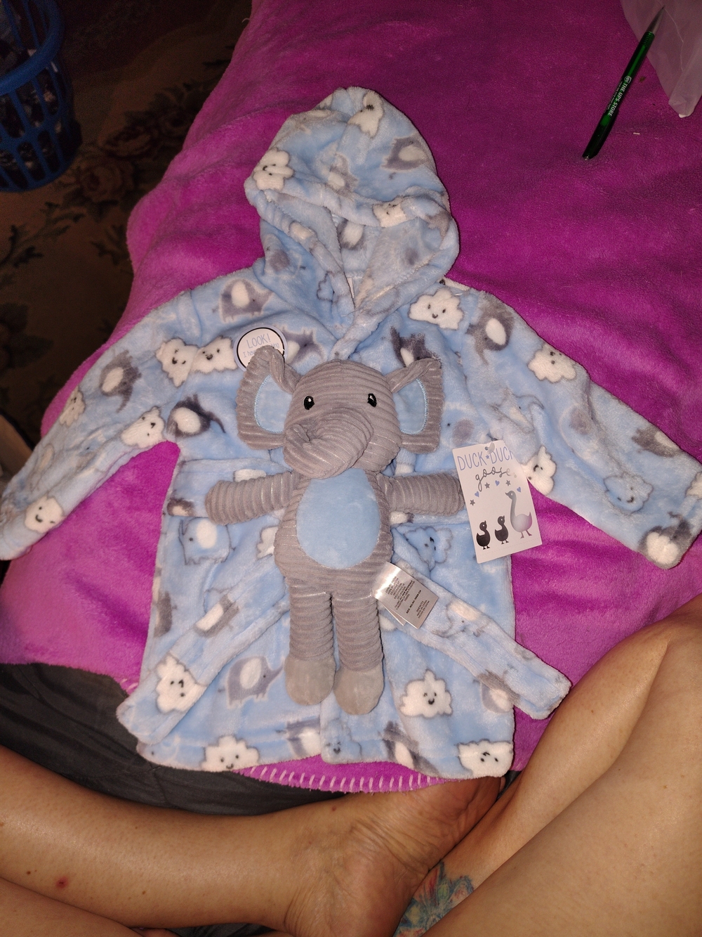 Duck Duck Baby Blue Hooded Plush Robe with Elephant Buddy